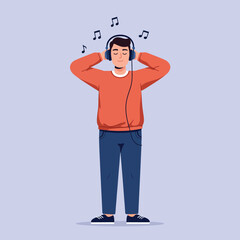 Young man enjoying music with headphones on standing relaxed in casual clothing minimal flat vector illustration