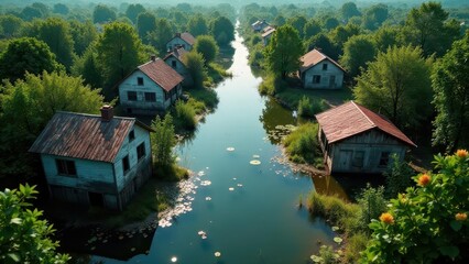 Fototapeta premium Serene Canal Village Rustic Houses Nestled Amongst Lush Green Foliage, Reflecting in Still Waters