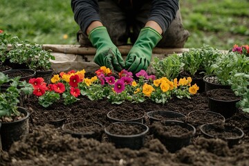 Fototapeta premium Gardener planting colorful flowers in pots on a sunny day at a community garden