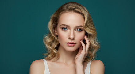 Obraz premium Beautiful Blonde Woman with Blue Eyes: Portrait of Natural Beauty, Glowing Skin & Wavy Hair for Beauty, Fashion & Cosmetics