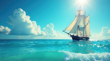 A majestic sailing vessel glides across a vibrant ocean under a brilliant summer sky, its white sails billowing in the gentle breeze, a picturesque scene of serene maritime adventure.