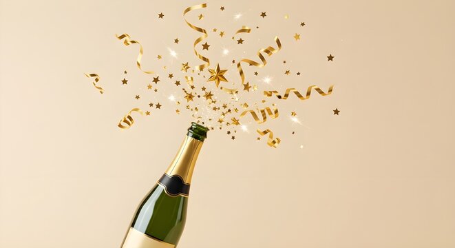 Fondo de celebraci&oacute;n con botella de champ&aacute;n dorada, estrellas de confeti y serpentinas. Ideal para Navidad, cumplea&ntilde;os o boda. Dise&ntilde;o plano.