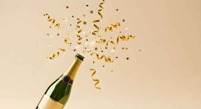 Fondo de celebraci&oacute;n con botella de champ&aacute;n dorada, estrellas de confeti y serpentinas. Ideal para Navidad, cumplea&ntilde;os o boda. Dise&ntilde;o plano.