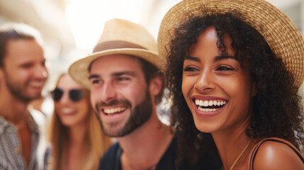 Fototapeta premium A joyful group of diverse friends, including a smiling Black woman and a bearded white man, enjoying a sunny day together, reflecting happiness and friendship