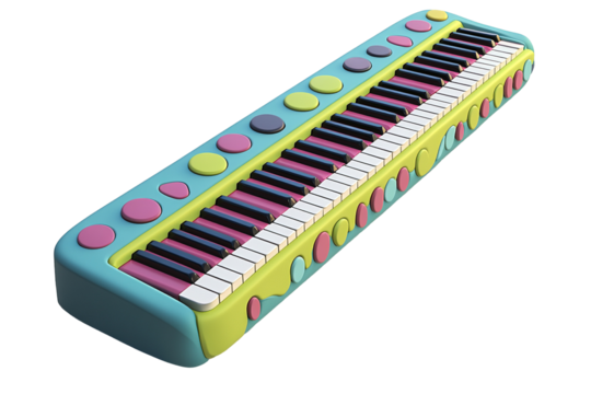 Colorful, toy-like keyboard. Keys are arranged regularly. The frame features various sized colorful dots