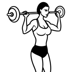 Obraz premium Line art vector silhouette of a woman person doing a barbell curl, with a barbell held in front, arms bent