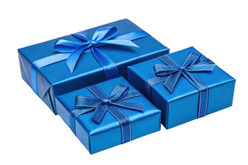 PNG Three elegant blue gift boxes with ribbons and bows