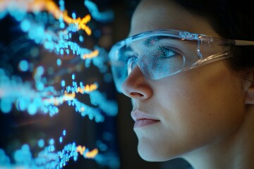 Female scientist analyzing digital data with futuristic holographic display
