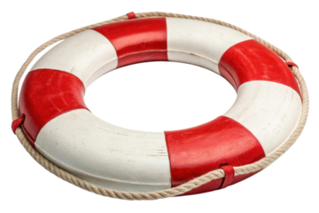 PNG Red and white lifebuoy with rope for water safety and rescue