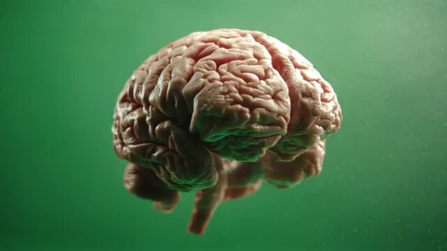 a spinning human brain on a green screen background.
