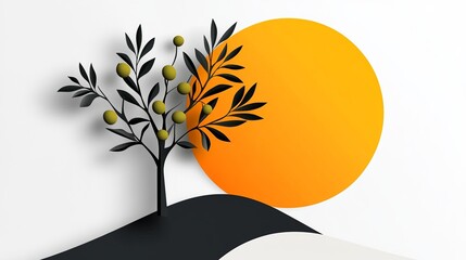 Olive tree stands against a vibrant orange circle representing the sun, placed on a stylized landscape with minimal design.