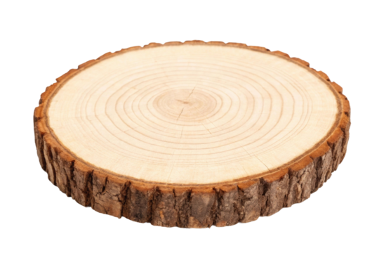 PNG Wooden tree slice with visible growth rings and bark edge