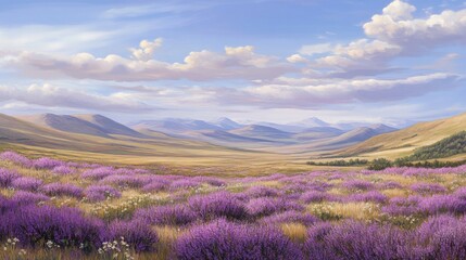 Obraz premium Lavender-filled valley with distant mountains.