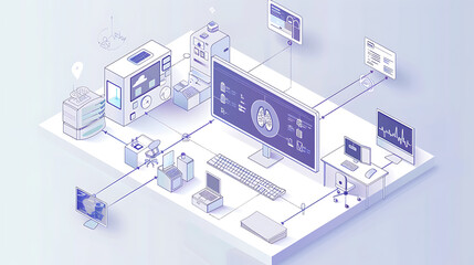 Isometric illustration depicting a connected network of medical devices, computers, servers, and data interfaces for healthcare or research analysis.
