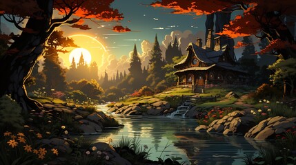 Obraz premium Enchanted Forest Cottage Sunset