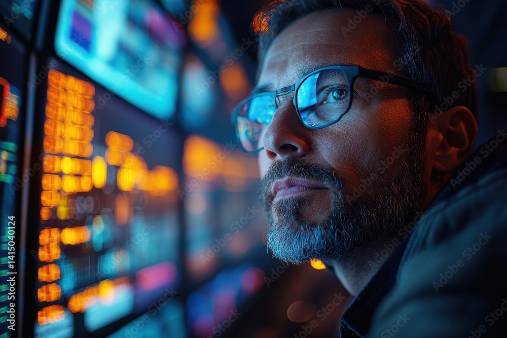 Poster man analyzing data on multiple screens in a dimly lit environment during evening hours