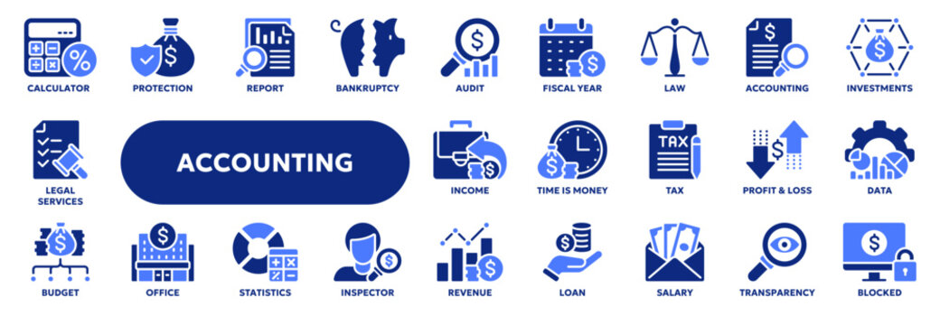 Set of vector solid icons related to business and finance, accounting, taxes and audit. Symbols for website or app UI, logo design, illustration