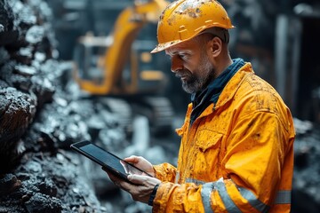 Construction worker using tablet in coal mine during day with heavy machinery in background