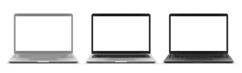 Vector illustration of three laptops with different color and blank empty white screen. Realistic mockup or template, isolated on white background