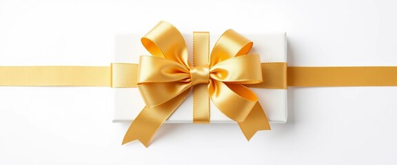 Fototapeta premium Elegant gold ribbon bow, pristine white background Gift wrapping detail, design, special