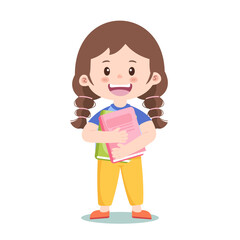 A smiling young girl standing and holding books in her hands, vector illustration in a cute and cheerful style, is perfect for educational and children's content.