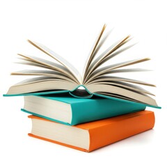 Fototapeta premium Stack of colorful books with an open book on top against a white background