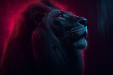 Naklejka premium Intense Portrait of a Lion in Dramatic Red and Blue Lighting