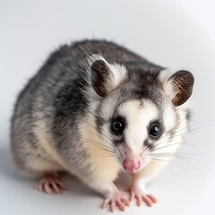 Obraz premium Close-up of a curious opossum with striking features, set against a soft white background