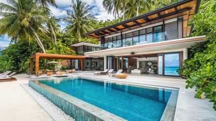 Fototapeta premium Luxury Beachfront Villa with Infinity Pool and Stunning Ocean Views