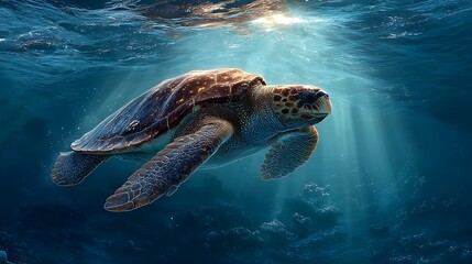 Obraz premium Sea turtle swims gracefully in sunlit ocean depths