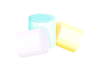 Soft marshmallows in cartoon style. Vector illustration of delicious fluffy marshmallows of blue, white, yellow colors isolated on white background.Marshmallow  for hot drinks,desserts.Confectionery. 