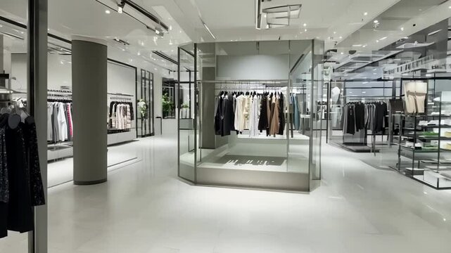 Modern luxury clothing store interior with glass display cases and racks of designer clothes. Spacious retail environment with clean minimalist design and bright lighting.