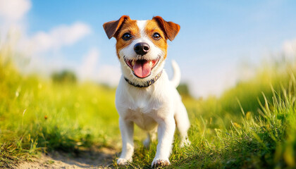 Happy Jack Russell Terrier Dog Sitting on Grass

