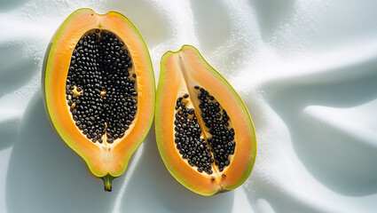 Sliced Fresh Papaya Fruit With Seeds On White Textured Background