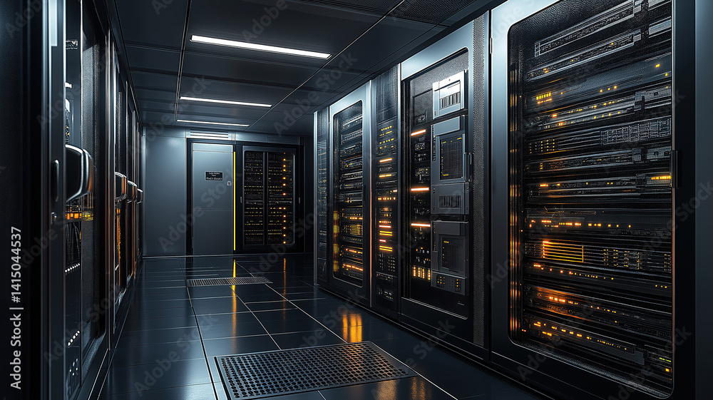 Poster network and internet communication technology concept with server racks in a data center