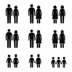 A set of black silhouette icons representing various family members in different poses