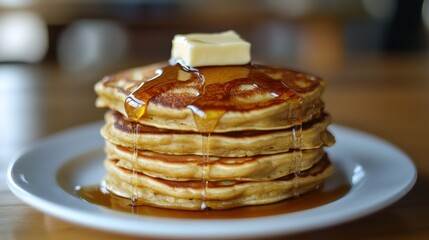 A stack of fluffy pancakes drizzled with syrup and topped with a pat of butter, showcasing a classic breakfast dish.