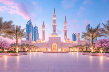 Obraz premium Illuminated mosque at dawn, city skyline backdrop, pink hues . Generative AI