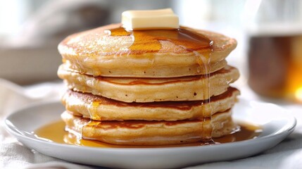 A stack of fluffy pancakes drizzled with syrup and topped with a pat of butter, showcasing a classic breakfast dish.