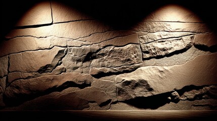 Dramatic, textured wall with stark lighting creating deep shadows and a rugged, stone-like appearance. Moody and atmospheric