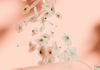 3D display podium pastel pink background. White flowers falling down. Nature minimal pedestal for beauty, cosmetic product presentation. Valentine, feminine copy space template 3d render.