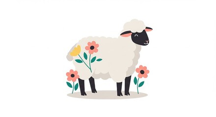 Cute lamb and flowers in modern flat design