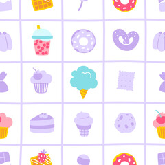 Sweets and desserts pattern for baby girls. Seamless vector print with sweet food.