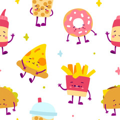 Fast food cute pattern for kids. Seamless vector print with cartoon fast food characters.