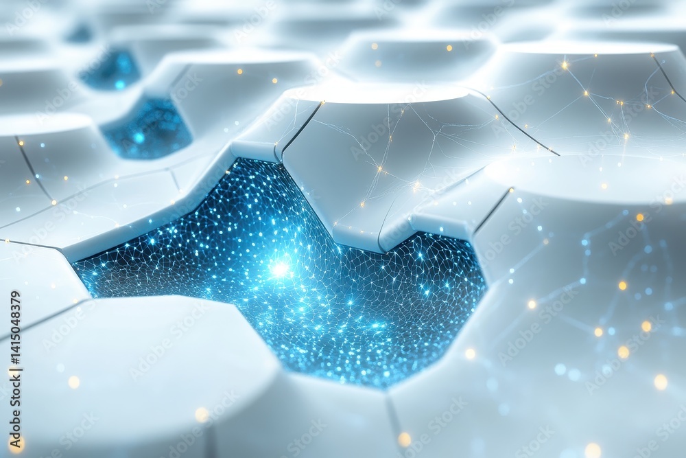 Poster high-tech abstract background showcasing a hexagonal pattern with glowing elements and a deep blue l