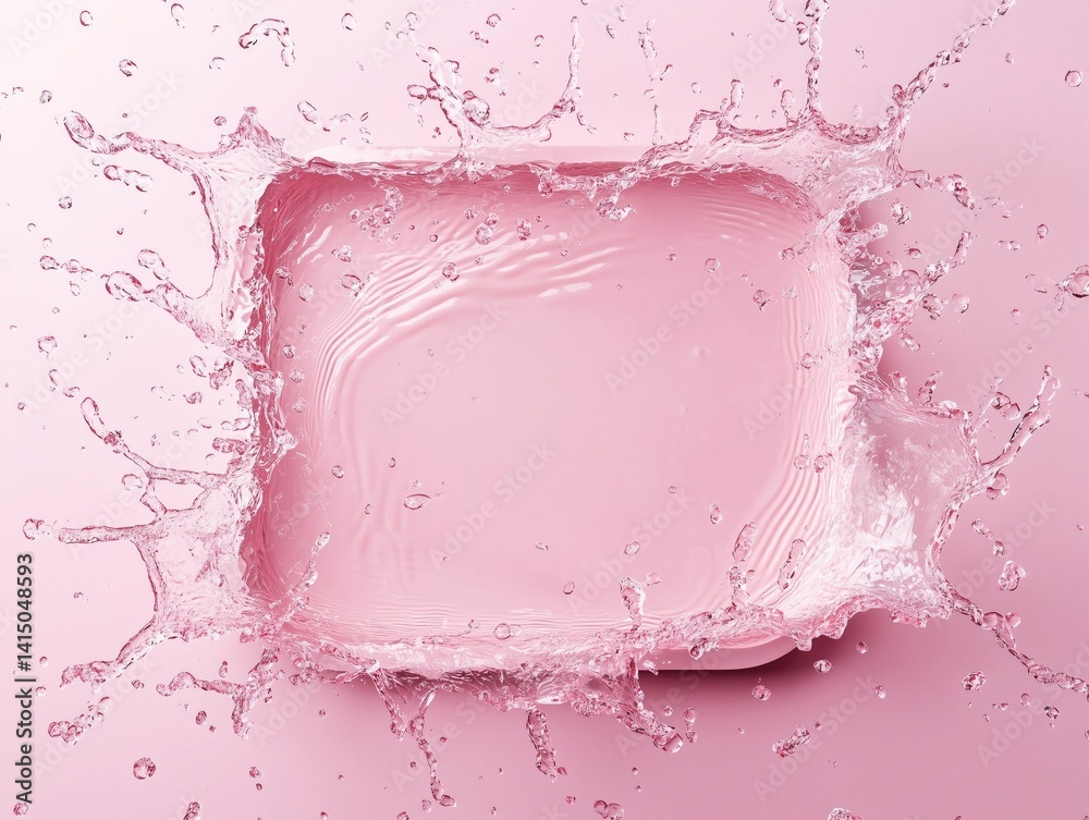 Poster dynamic water splash captured on a soft pink background, creating a vibrant and refreshing visual ef