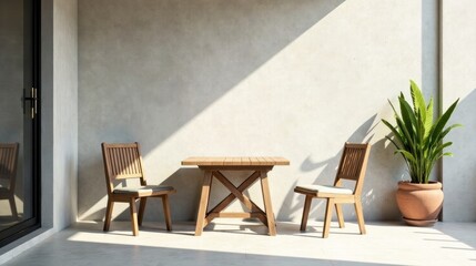 Serene outdoor patio setting with wooden furniture and potted plant, bathed in sunlight against a neutral wall.