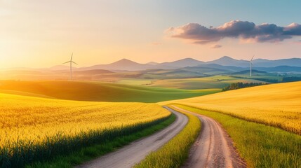 Obraz premium Scenic countryside landscape with a winding road and windmills