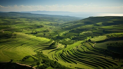 Aerial View of Lush Green Terraced Farmlands