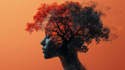 Neural tree branches symbolize cognitive processes emerging from a thoughtful person's mind